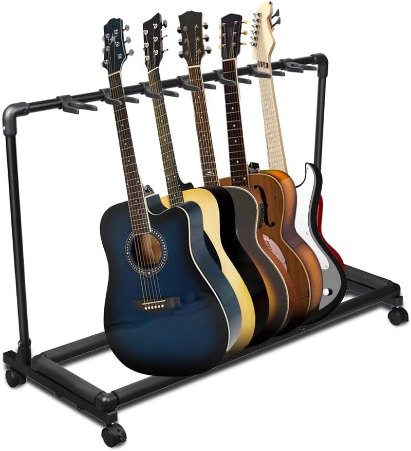 Azor 7 Multi Guitar Stand Rack with Wheels, Folding Design 7 Holder Guitar Rack for Acoustic Electric Guitar, Bass, Soft Cushioning Sponge Protects Your Instruments - Image 1